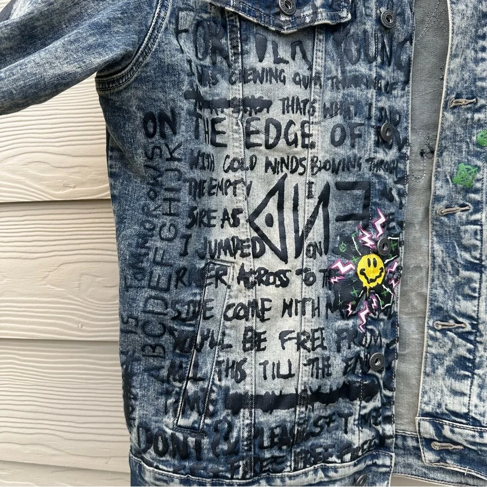 Smoke Rise Denim Jean Jacket Graffiti Streetwear‎ Distressed Stretch Men’s Large